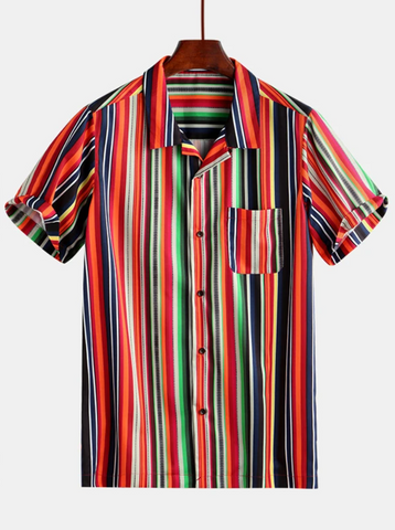 MEN SHORT SLEEVES LAPEL STRIPED SHIRT
